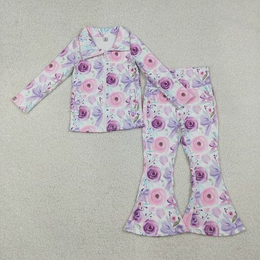 Baby Girl Long Sleeves Purple Flower Bows Pockets Zipper Shirt Bell Pants Yoga Active Set RTS