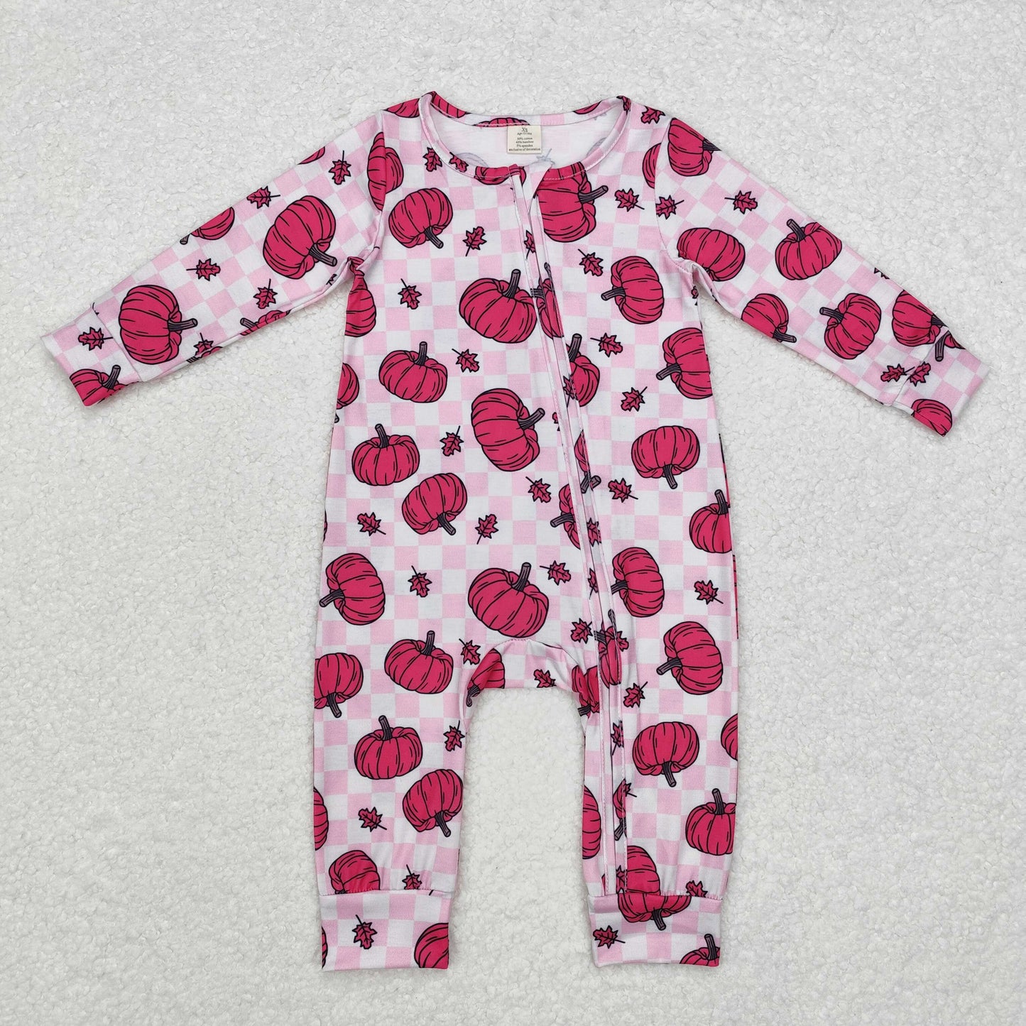 Baby Girl Pink Checkered Pumpkins Fall Zipper Bamboo Romper