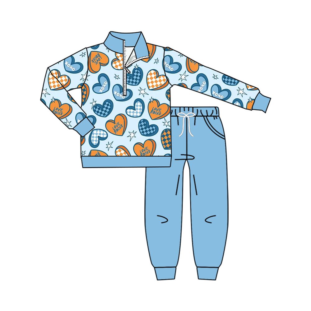 ( Moq 5 ) Preorder Baby Boy Kids Hearts Valentine Zipper Shirt Blue Pockets Pants Set Clothes