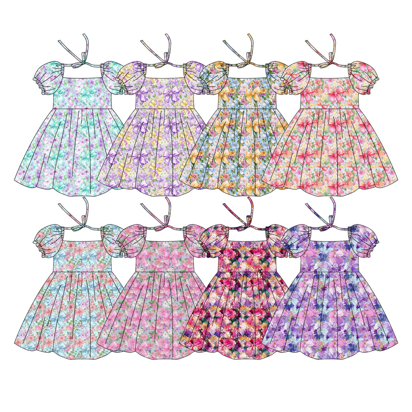( Moq 5 Each Style ) Sibling Baby Girls Kids Short Sleeves Flower Bows Summer Knee Length Dresses