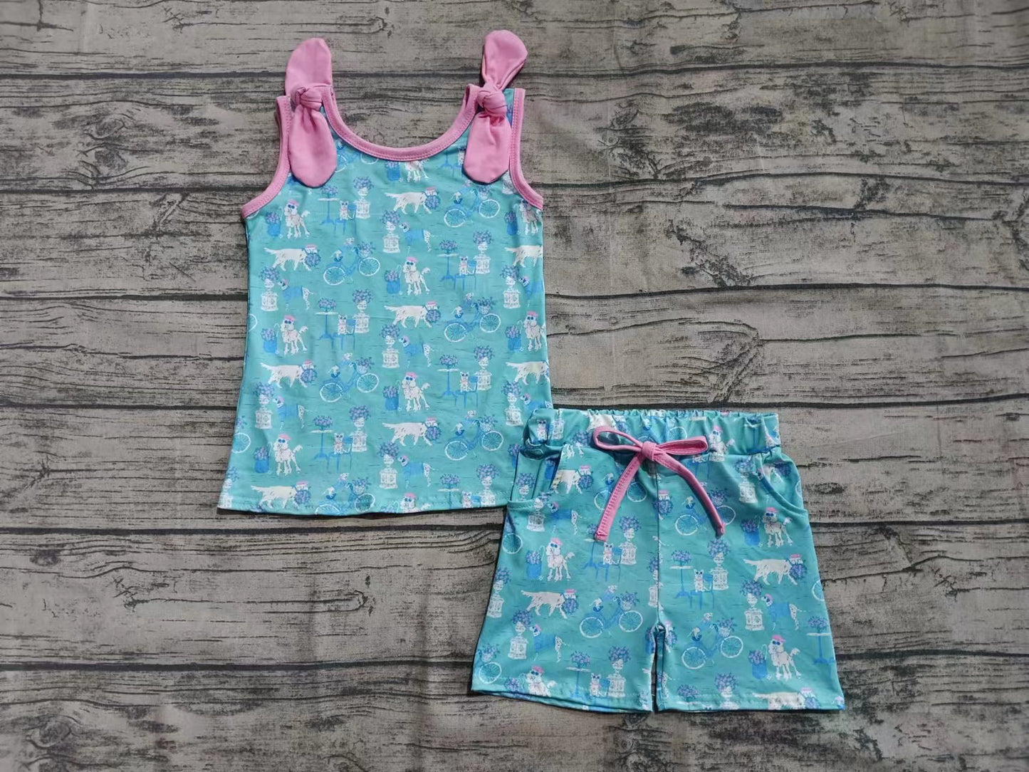 ( Moq 5  ) Baby Girl Sleeveless Dogs Flower Shirt Pockets Shorts Set