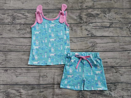 ( Moq 5  ) Baby Girl Sleeveless Dogs Flower Shirt Pockets Shorts Set