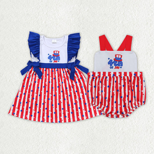 Baby Girl Embroidery July 4th Stars Stripes Bows Sibling Romper Dress RTS