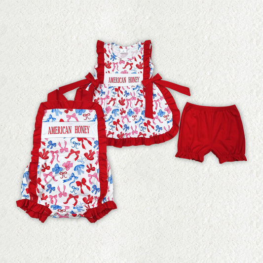 Baby Girl Sleeveless Bows 4th Of July Sibling Romper Outfit RTS
