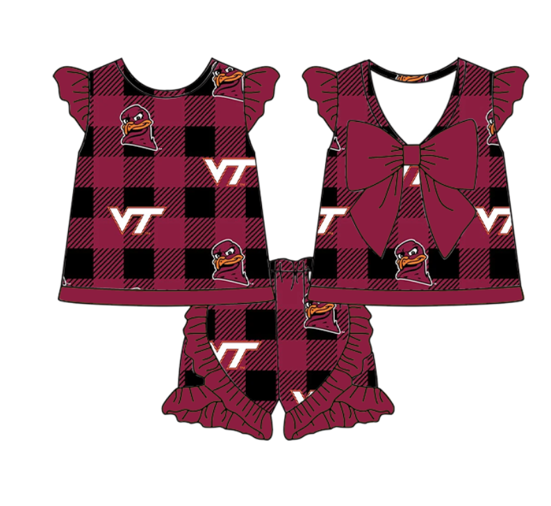 ( Moq 5 each style ) Baby Boy Girl VT Team Black Red Plaid Sibling Shirt Set