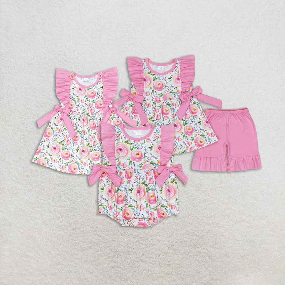 Baby Girl Short Sleeves Flower Pink Bows Sibling Dress Romper Set Clothes RTS
