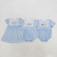 Baby Girl Short Sleeves Embroidery Crosses Blue Plaid Sibling Easter Romper Dress RTS