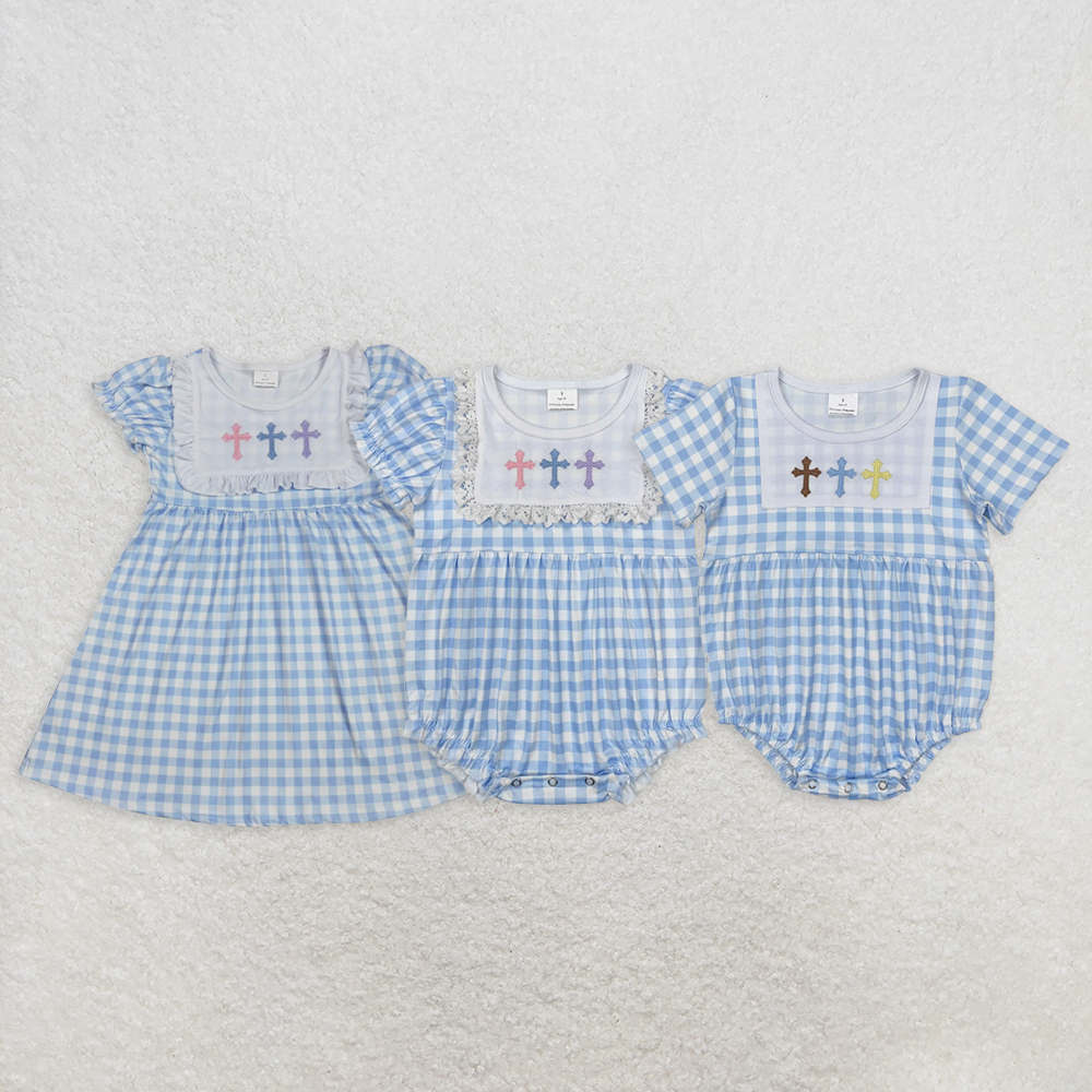 Baby Girl Short Sleeves Embroidery Crosses Blue Plaid Sibling Easter Romper Dress RTS