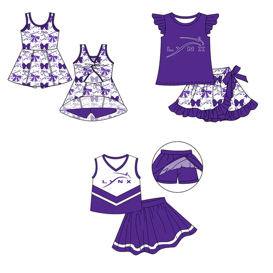 ( Moq 5 each style ) Baby Girl Summer Team Cheer Sibling Purple Bows Dress Set 7.19