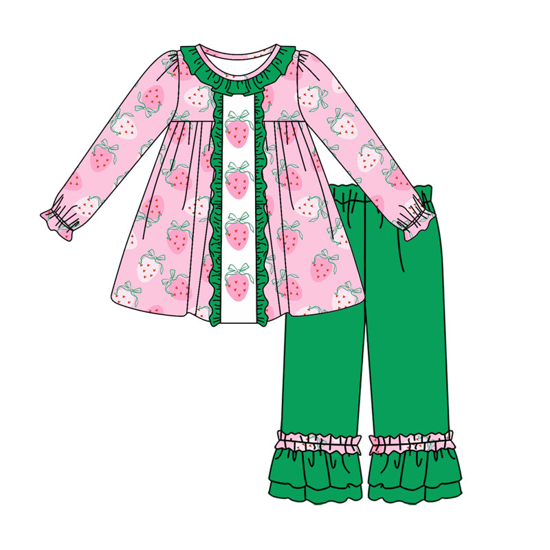 Baby Girl Long Sleeves Strawberry Tops Green Pants Set