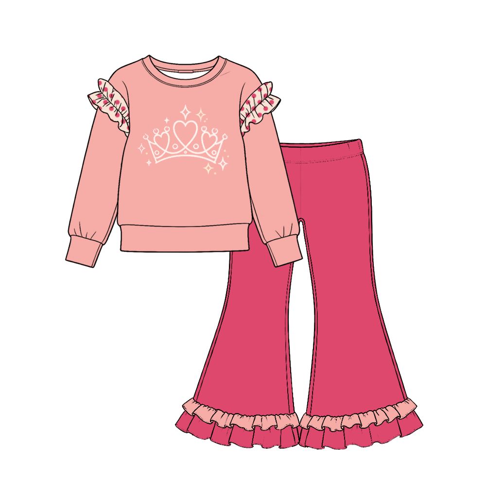 ( Moq 5 ) Preorder Baby Girls Kids Peach Long Sleeves Shirt Ruffle Pants Set Clothes