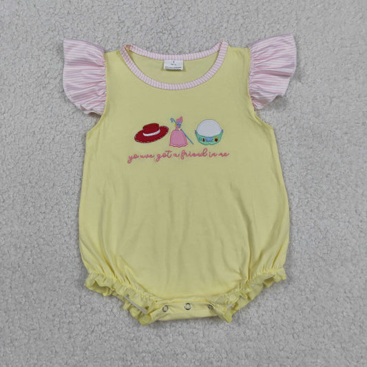 Baby Girls Kids Sleeveless Embroidery Hat Yellow Bubble Summer Romper RTS