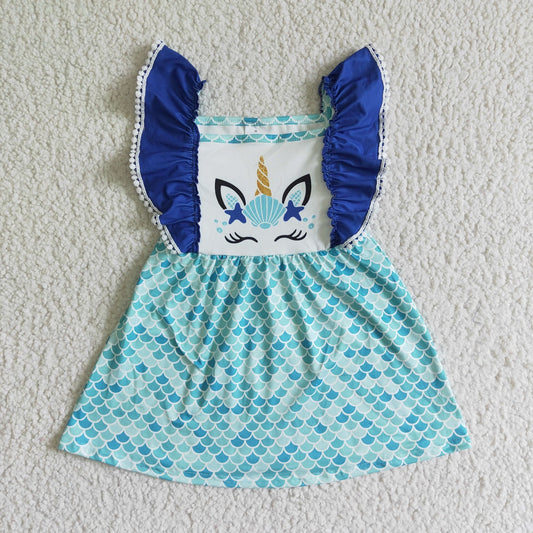 Promotion Baby Girl Summer Unicorn Blue Dress