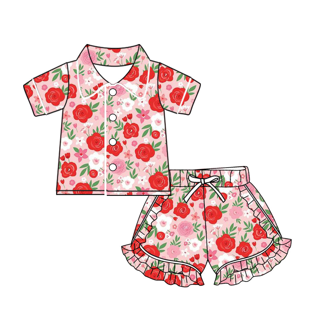 Baby Girl Short Sleeves Buttons Shirt Ruffle Shorts Flower Pajamas Set Moq 5