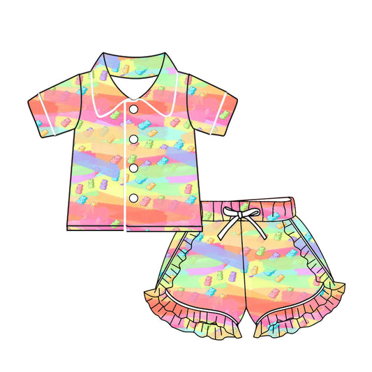 Baby Girl Easter Buttons Shirt Ruffle Shorts Pajamas Colorful Rabbit Set Moq 5