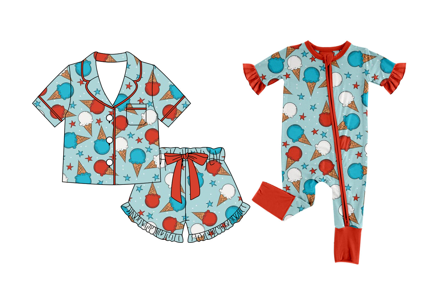 ( Moq 5 Each Style ) Baby Girls Kids Toddler Short Sleeves Stars 4th of July Sibling Zipper Romper Pajamas Set