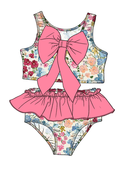 ( Moq 5 Each Style ) Sibling Baby Girls Kids Flower Tops Ruffle Shorts Pink Bows Sets Summer Swimsuits