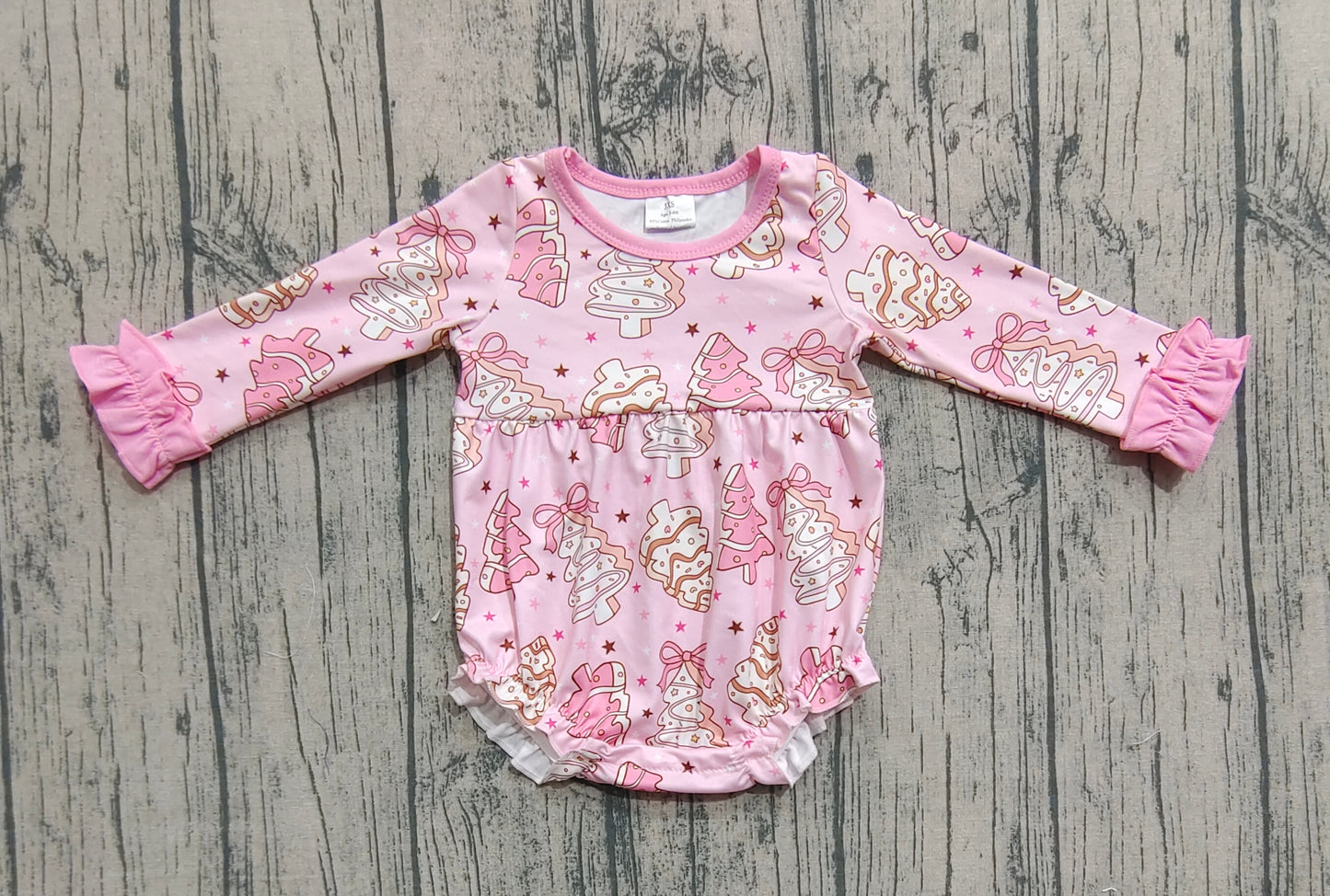Baby Girl Long Sleeves Cakes Bows Christmas Bubble Pink Romper RTS