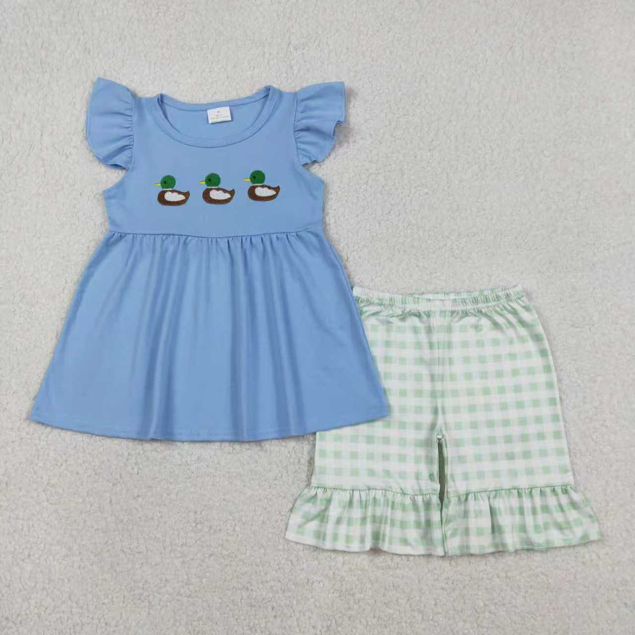 Sibling Baby Girls Kids Short Sleeves Embroidery Ducks Bubble Romper Set RTS