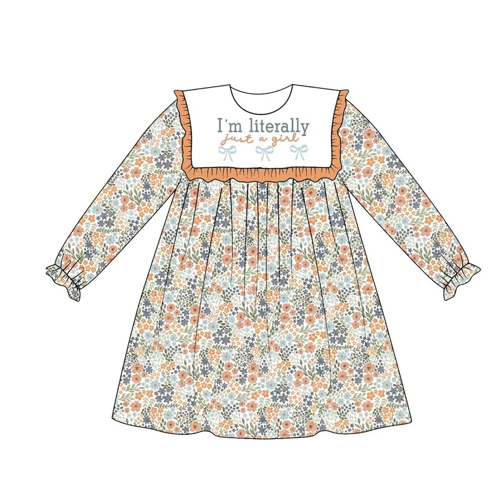 ( Moq 5 ) Preorder Baby Girls Kids Long Sleeves Floral Bows Knee Length Dress Clothes