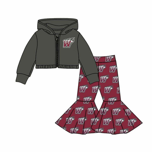 Baby Girl Grey Long Sleeves W Zipper Hoodie Shirt Bell Pants Team Set Moq 5