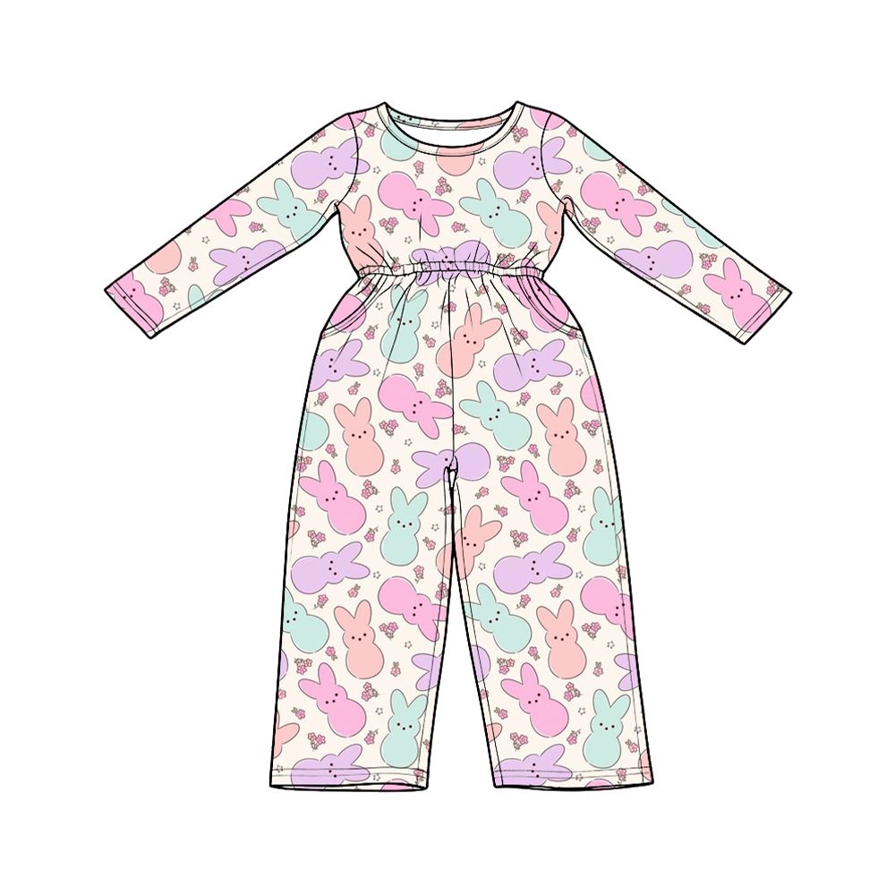 ( Moq 5 ) Preorder Baby Girls Kids Long Sleeves Rabbits Floral Pockets Pants Easter Jumpsuit Clothes