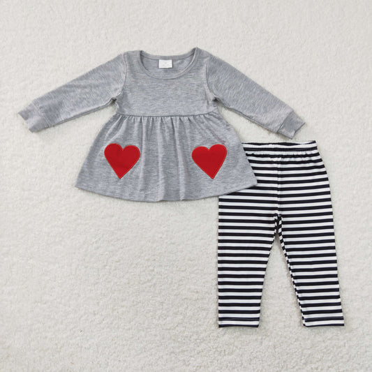 GLP0962 Valentine's Day Baby Girl Long Sleeves Embroidery Hearts Tunic Stripes Leggings Pants Grey Set