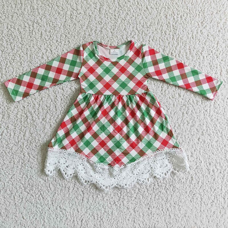 GLD0023 Baby Girl Plaid Long Sleeves Christmas Dress