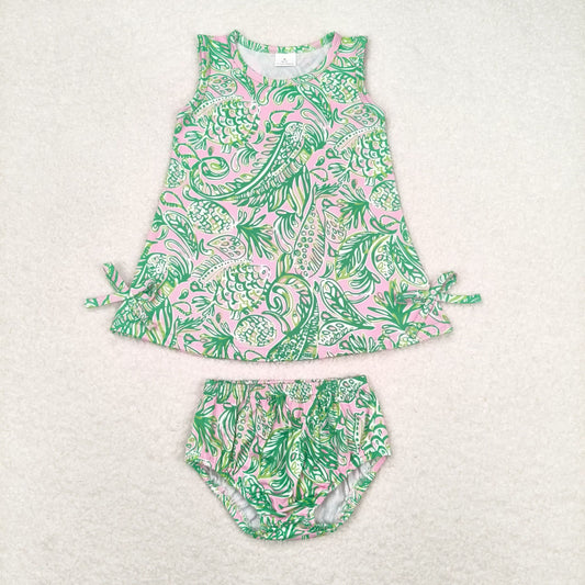 Baby Girl Sleeveless Green Fish Pink Tops Bummies Shorts Summer Set