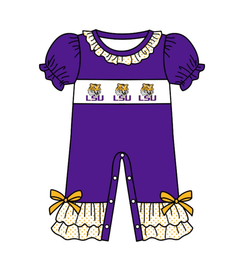 Baby Girl Purple Short Sleeves Tiger Team Ruffle Buttons Romper Moq 5