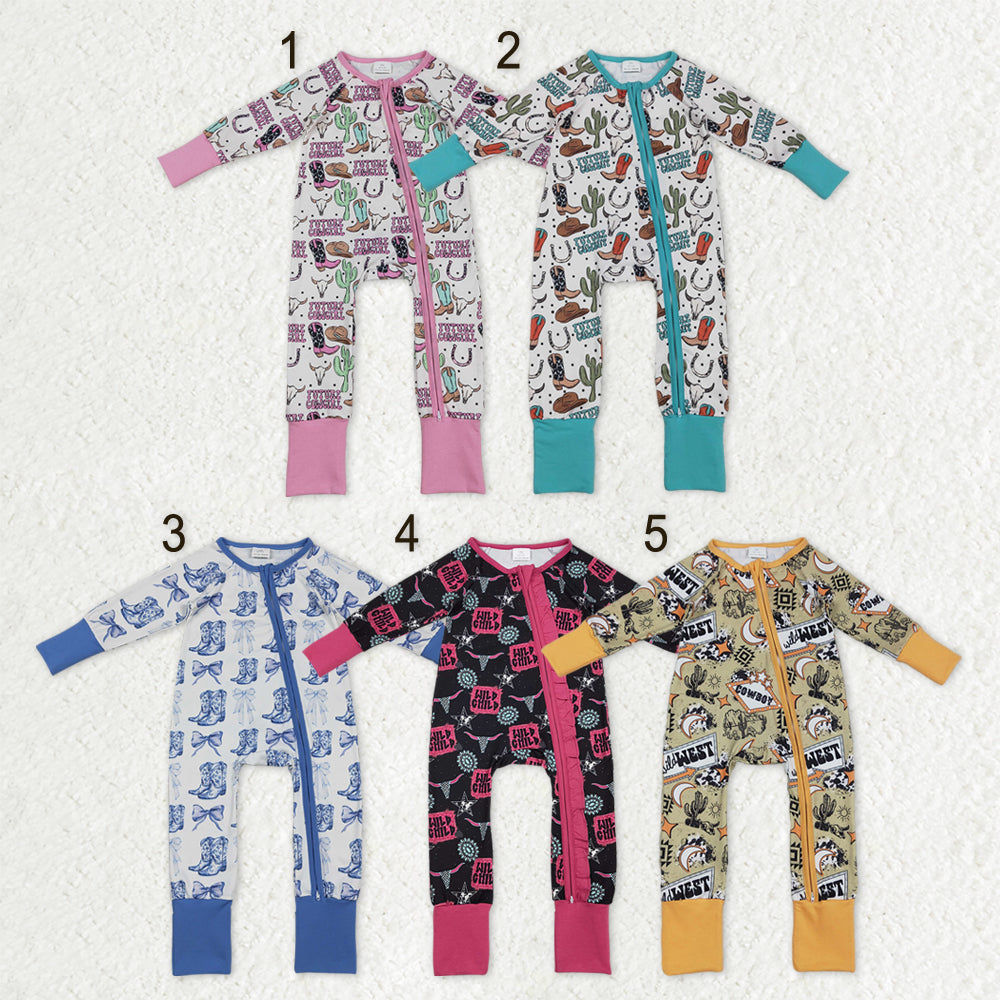 Sibling Baby Boys Girls Long Sleeves Boots Cactus Western Cow Print Zipper Footie Sleeper Rompers RTS