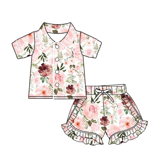 Baby Girl Short Sleeves Flower Buttons Shirt Ruffle Shorts Pajamas Set Moq 5