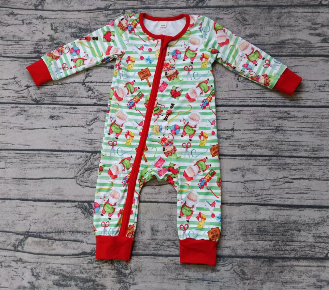 Baby Boy Long Sleeves Green Stripes Christmas Sleeper Zipper Romper