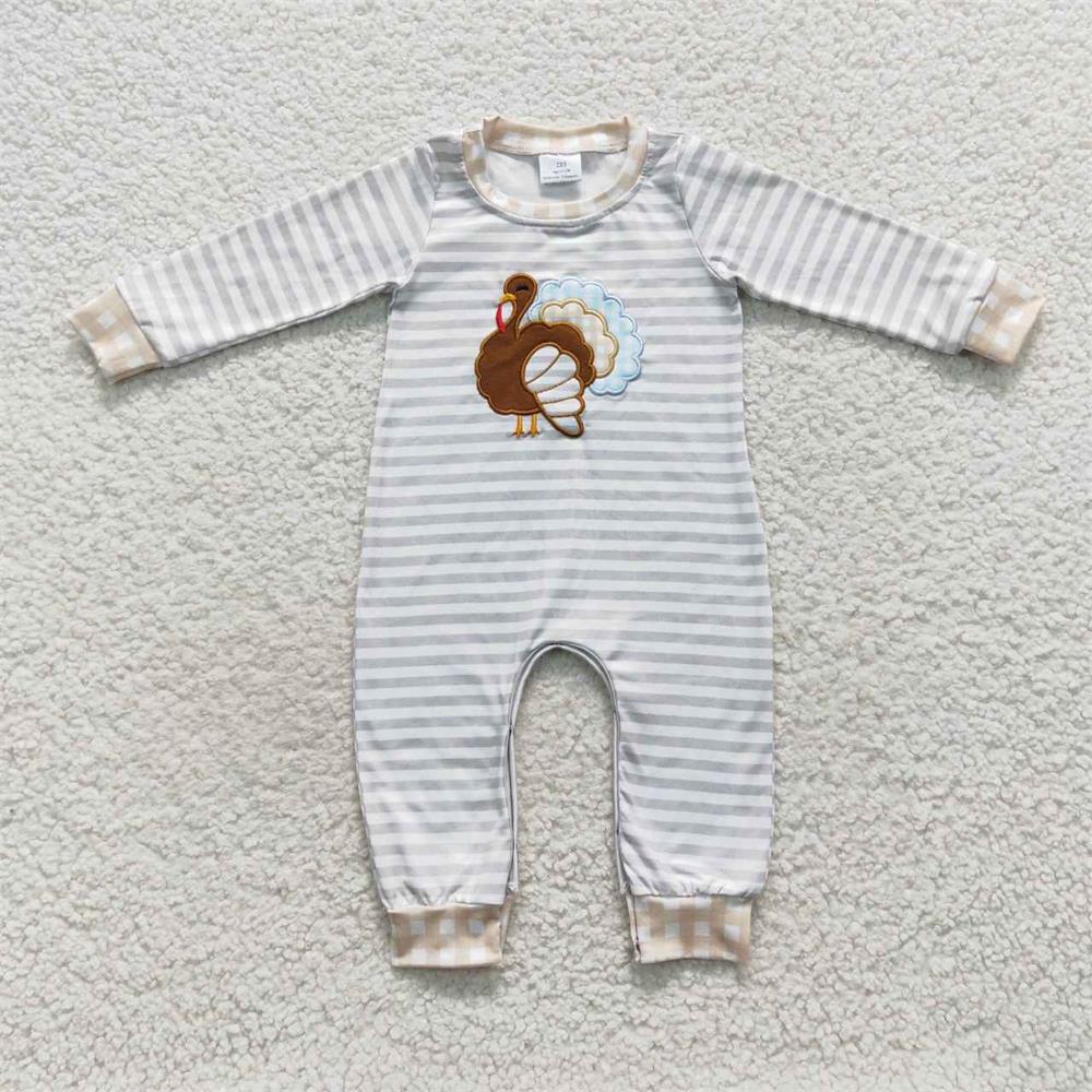 LR0429 Baby Boy Thanksgiving Embroidery turkey Long Sleeves One Piece Romper