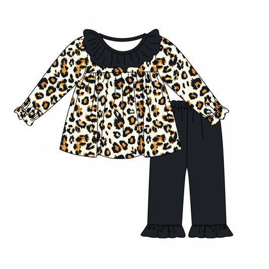 Baby Girl Toddler Long Sleeves Leopard Tops Black Pants Set