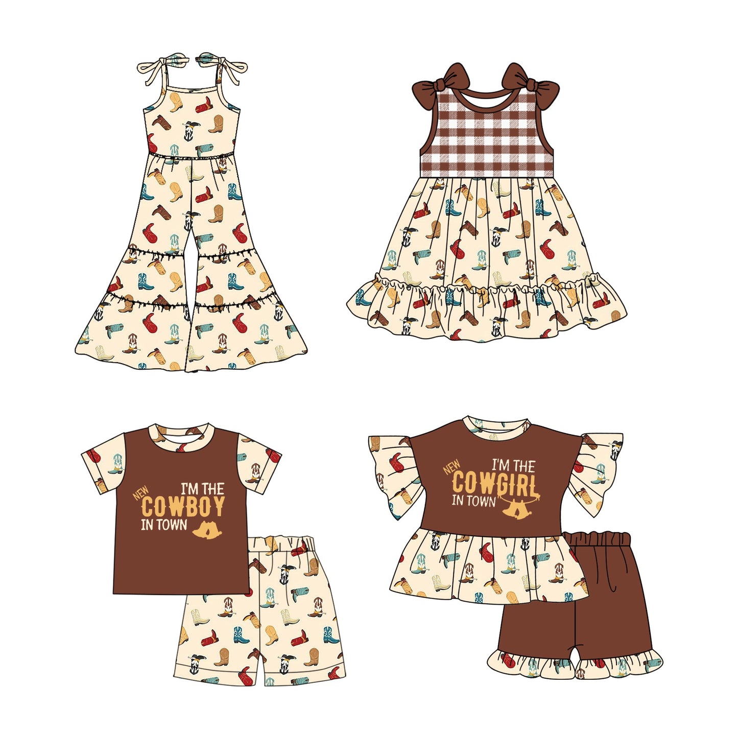 Baby Boy Girl Western Boots Sibling Jumpsuit Dress Set ( Moq 5 Each Style ) 2.19