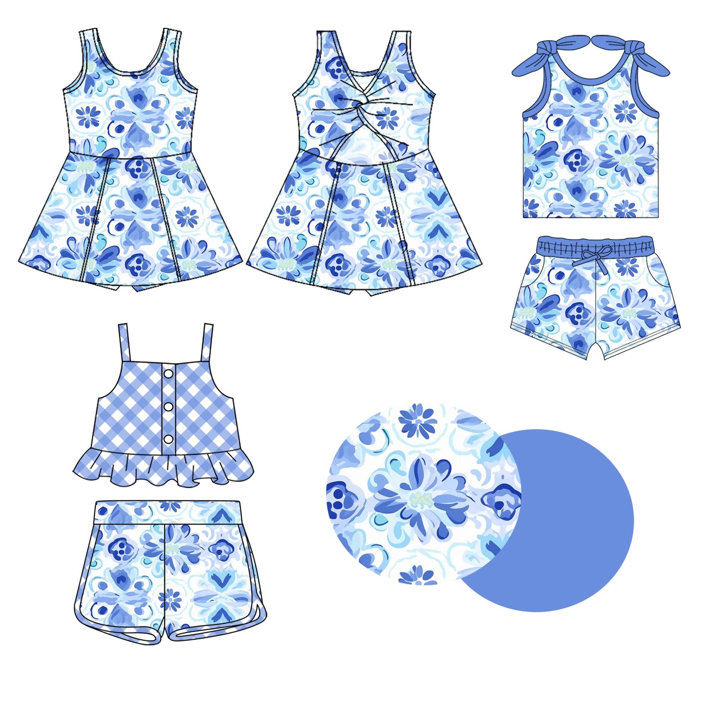 Baby Girl Blue Flower Sleeveless Sibling Dress Set ( Moq 5 Each Style ) 1.20