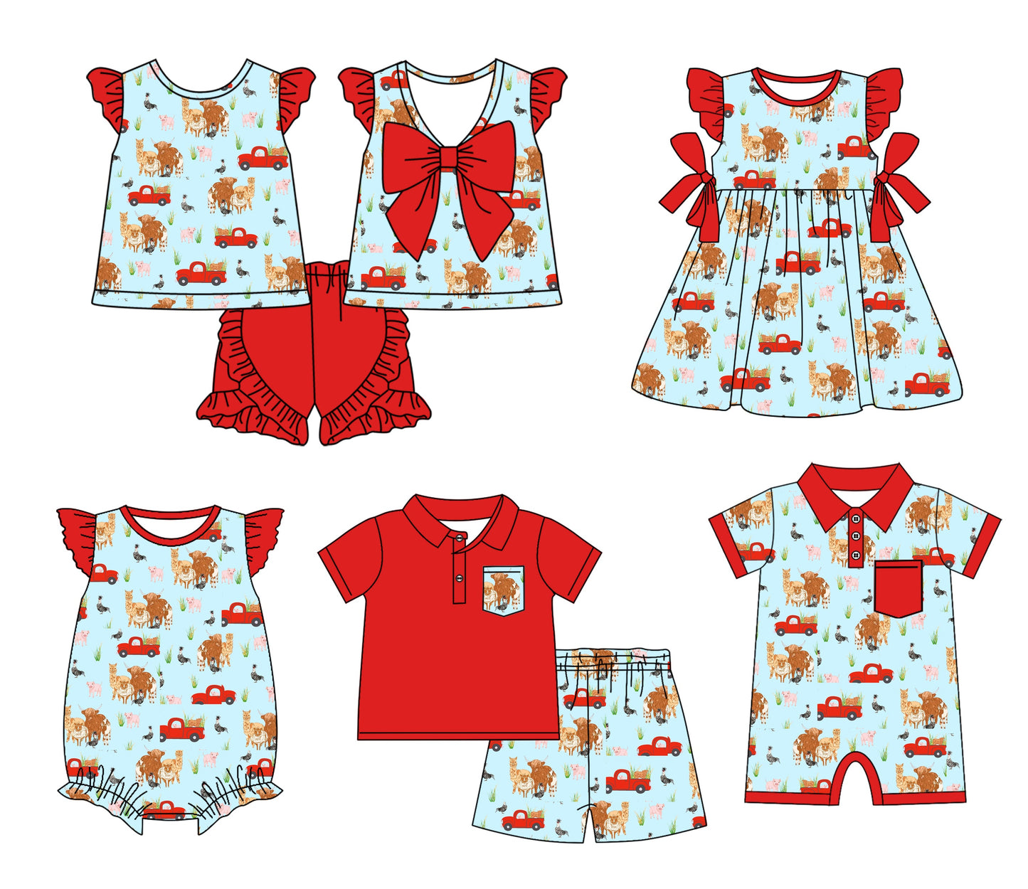 Baby Boy Girl Short Sleeves Farm Animals Sibling Romper Dress Set ( Moq 5 Each Style ) 12.17