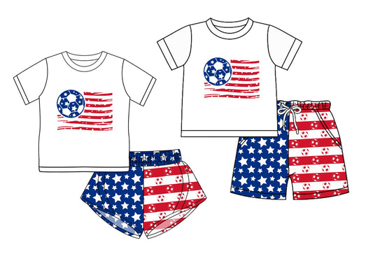Baby Boy Girl Short Sleeves July 4th Football Stars Stripes Sibling Set ( Moq 5 Each Style ) 3.10
