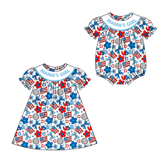 ( Moq 5 Each Style ) Baby Kids 4th Of July Flower Flags Bows Mama's Girl Sibling Romper Dress 4.19