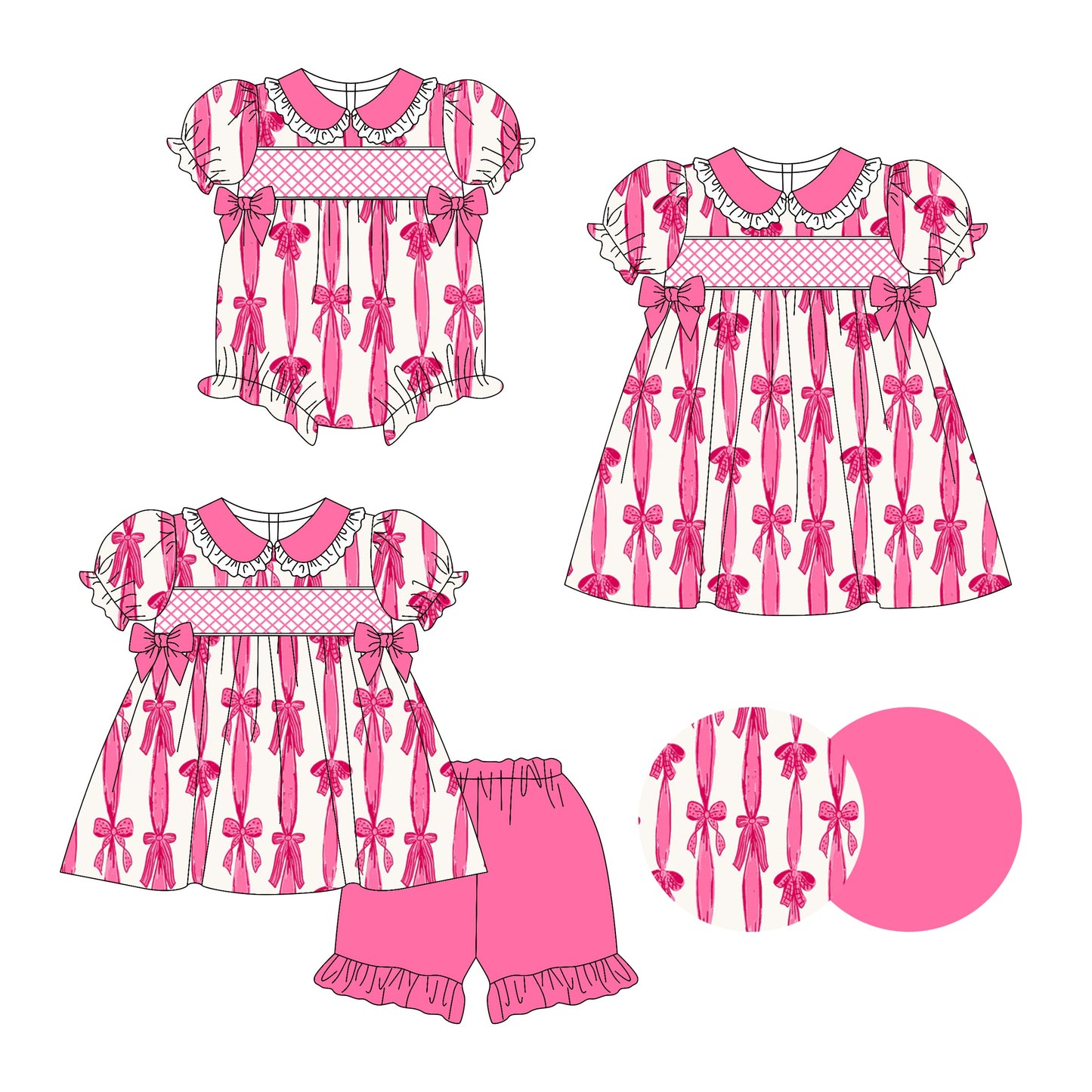 Baby Girl Short Sleeves Pink Bows Sibling Romper Dress Set ( Moq 5 Each Style ) 3.14
