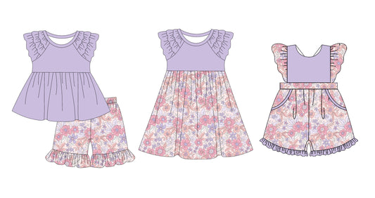 Baby Girl Purple Short Sleeves Flower Sibling Jumpsuit Dress Set ( Moq 5 Each Design ) 12.10