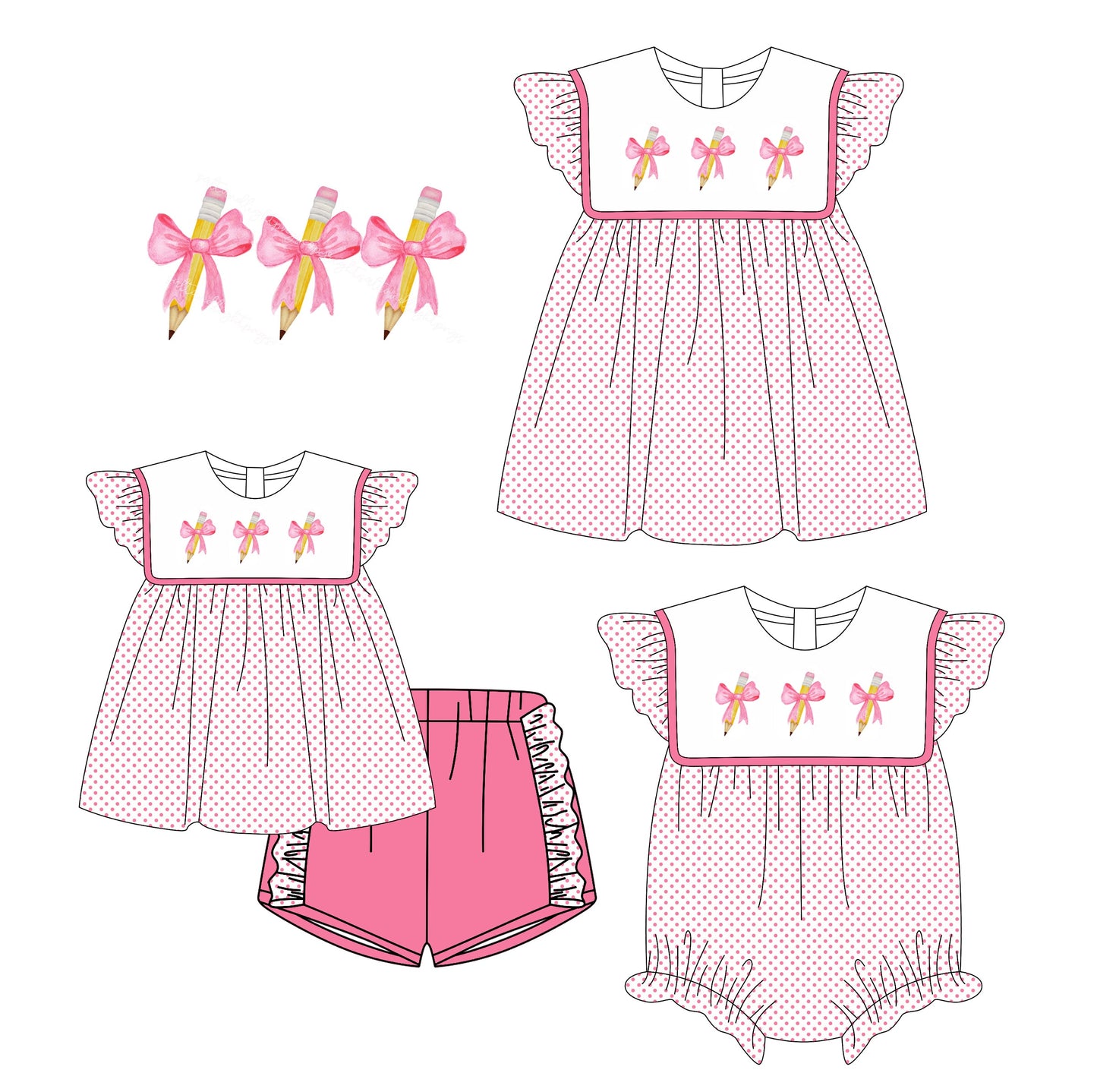 Baby Girl Bows Pencil Back To School Sibling Romper Dress Set ( Moq 5 Each Style ) 3.6