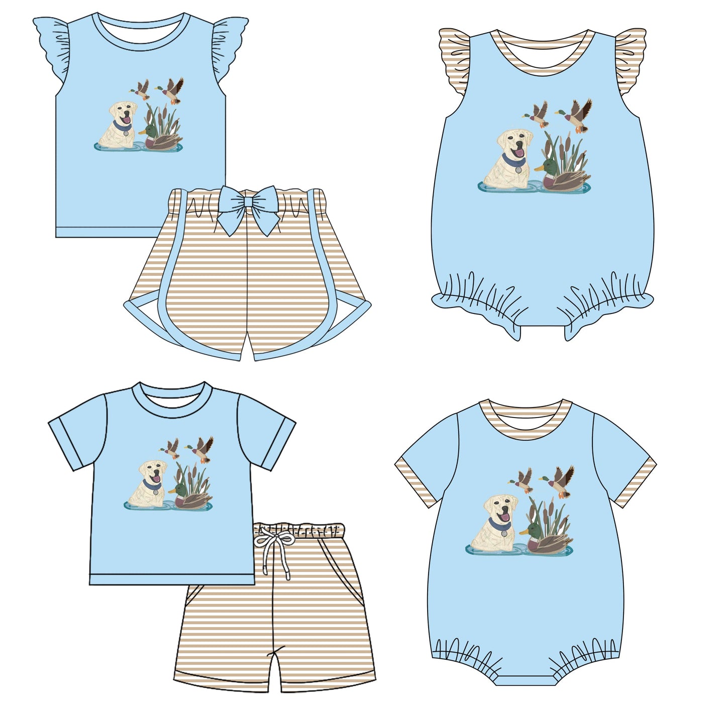 Baby Boy Girl Dogs Ducks Hunting Blue Sibling Romper Set ( Moq 5 Each Style ) 2.12