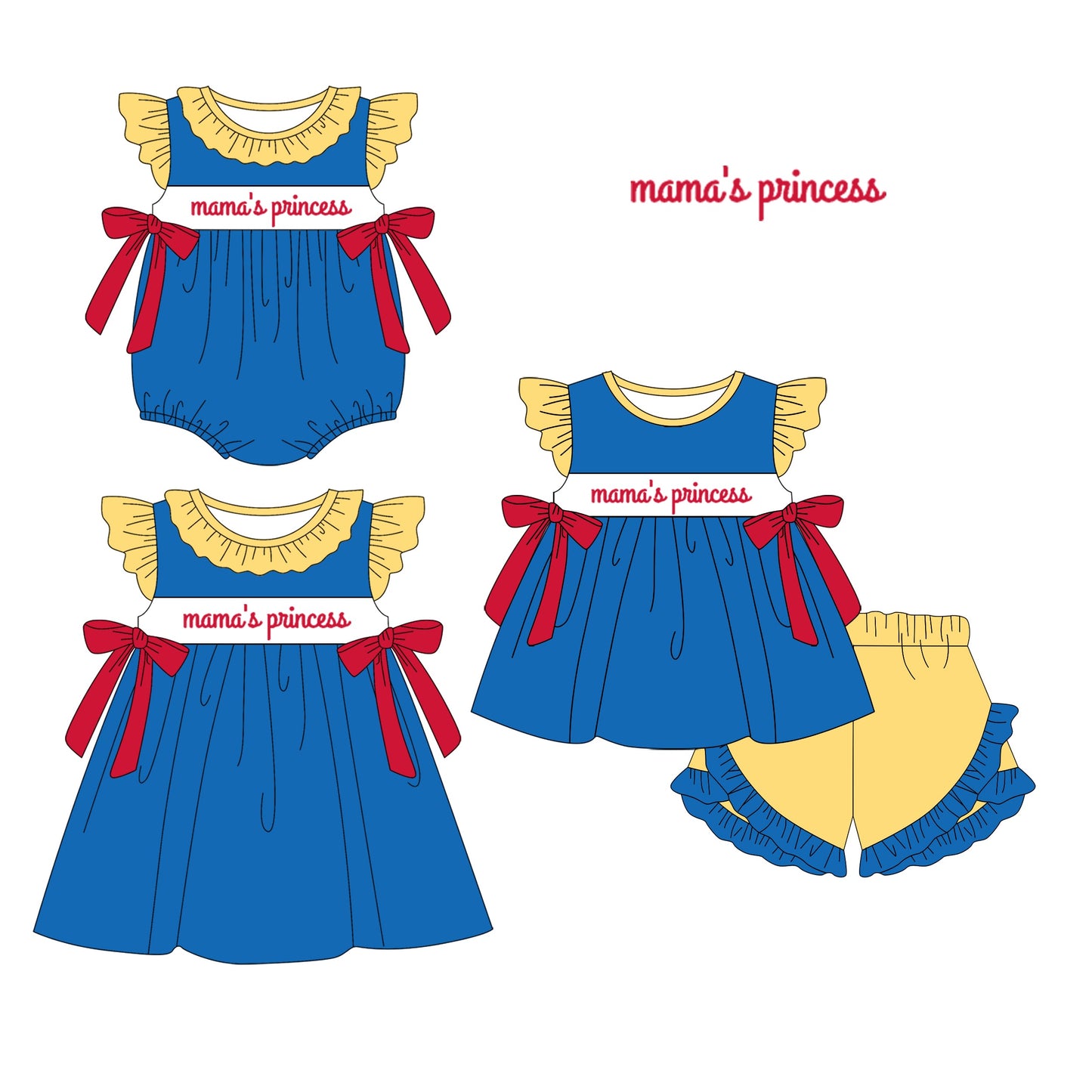 Baby Girl Mama's Princess Blue Yellow Sibling Romper Dress Set ( Moq 5 Each Style ) 1.14