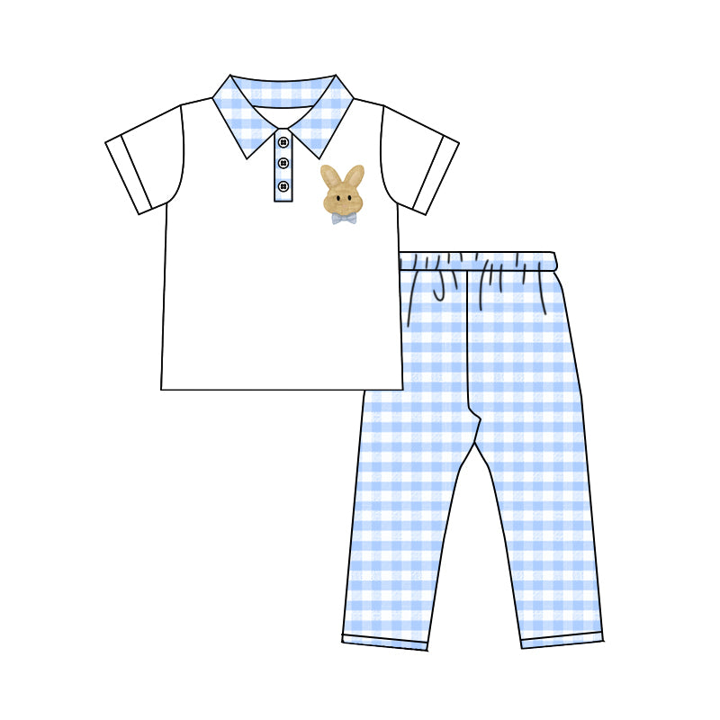 Baby Boy Toddler Short Sleeves Rabbit Print Shirt Blue Plaid Pants  Easter Set Moq 5