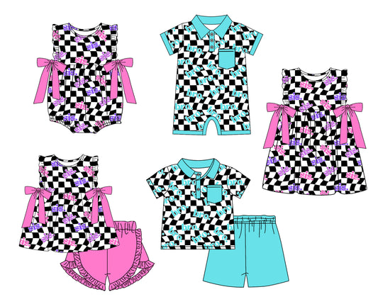 Baby Boy Girl Checkered Sibling Sister Brother Dress Romper Clothes Set ( Moq 5 Each style )