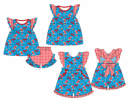 Baby Girl Short Sleeves Reading Hats Bows Sibling Romper Dress Clothes Set ( Moq 5 Each Design )11.30