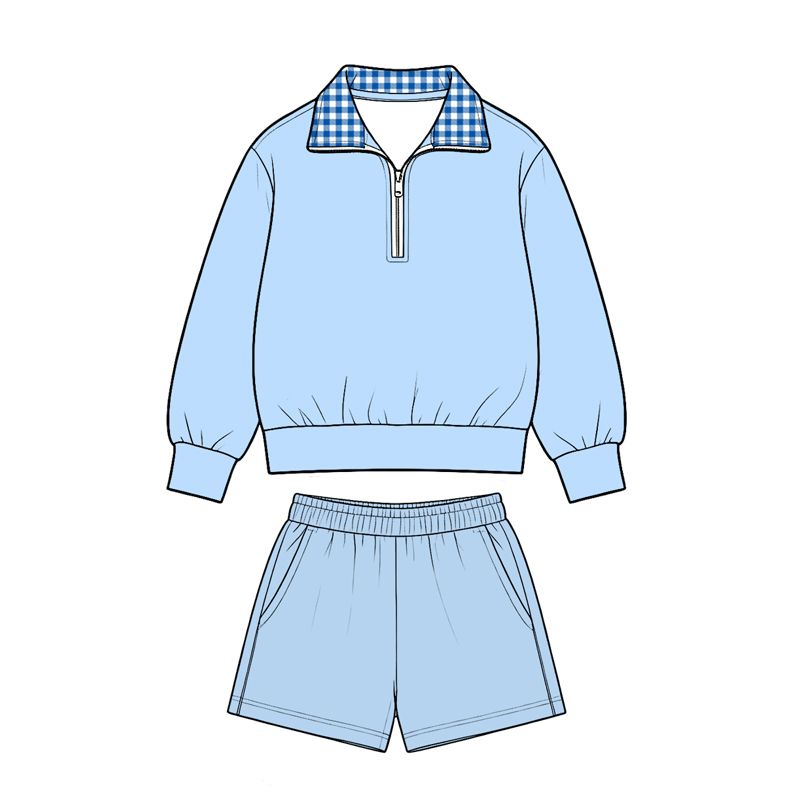 ( Moq 5 ) Preorder Baby Girls Kids Long Sleeves Zipper Pullover Pockets Shorts Blue Set Cotton Clothes