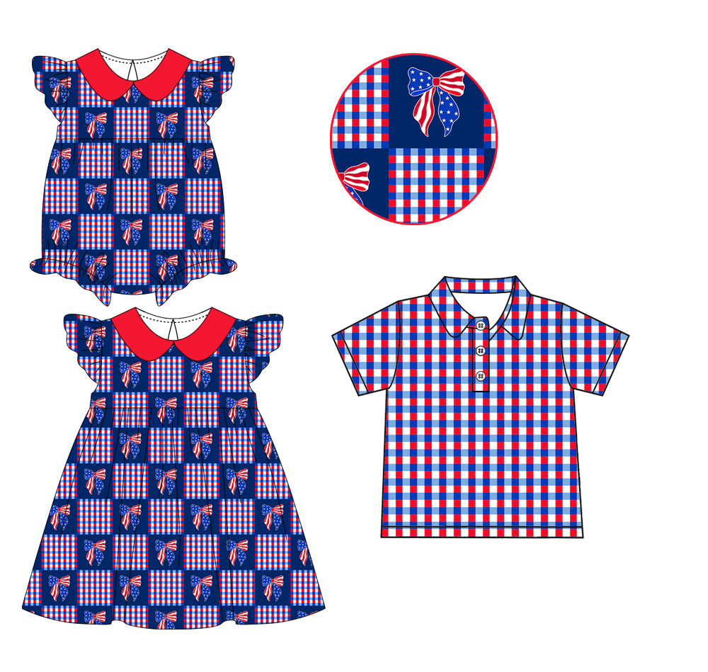 ( Moq 5 Each Style ) Sibling Baby Boys Girls Bows Plaid Romper Dress Shirt 4th of July Clothes